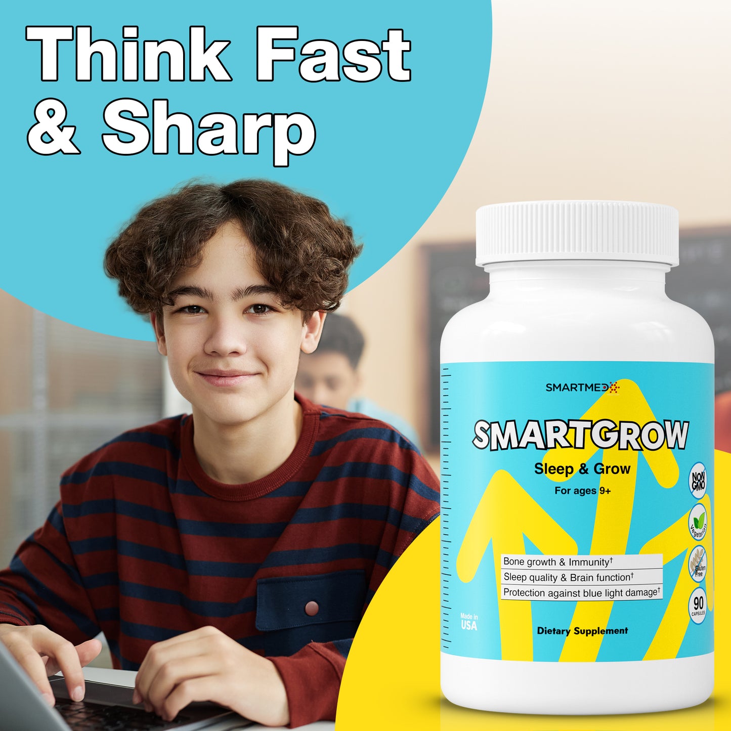 SMARTGROW 5-in-1 Maximum Height Growth Vitamins - Sleep Aid, Immunity Support, Eye Health, Brain Function