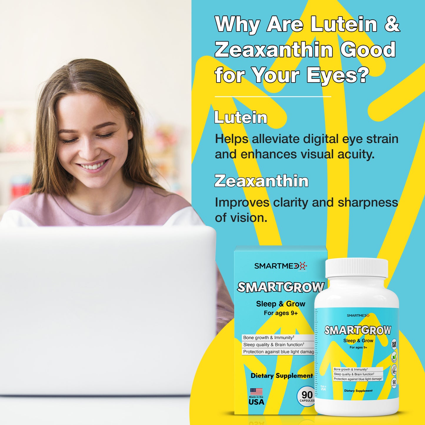 SMARTGROW 5-in-1 Maximum Height Growth Vitamins - Sleep Aid, Immunity Support, Eye Health, Brain Function
