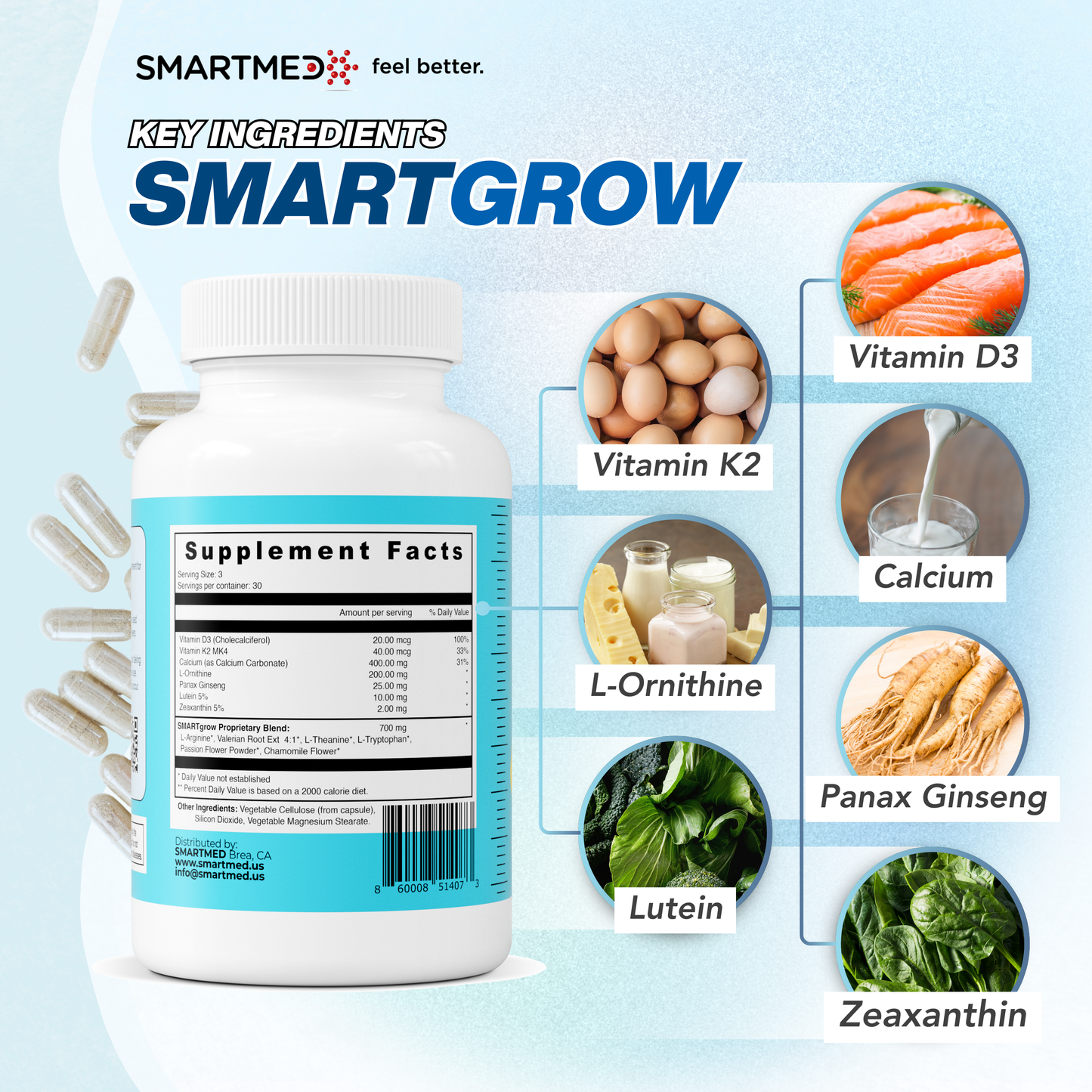 SMARTGROW 5-in-1 Maximum Height Growth Vitamins - Sleep Aid, Immunity Support, Eye Health, Brain Function