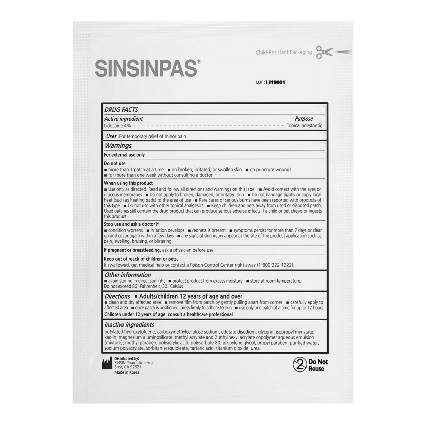 SINSINPAS LIDOCAINE 4%Pain Relief Patch