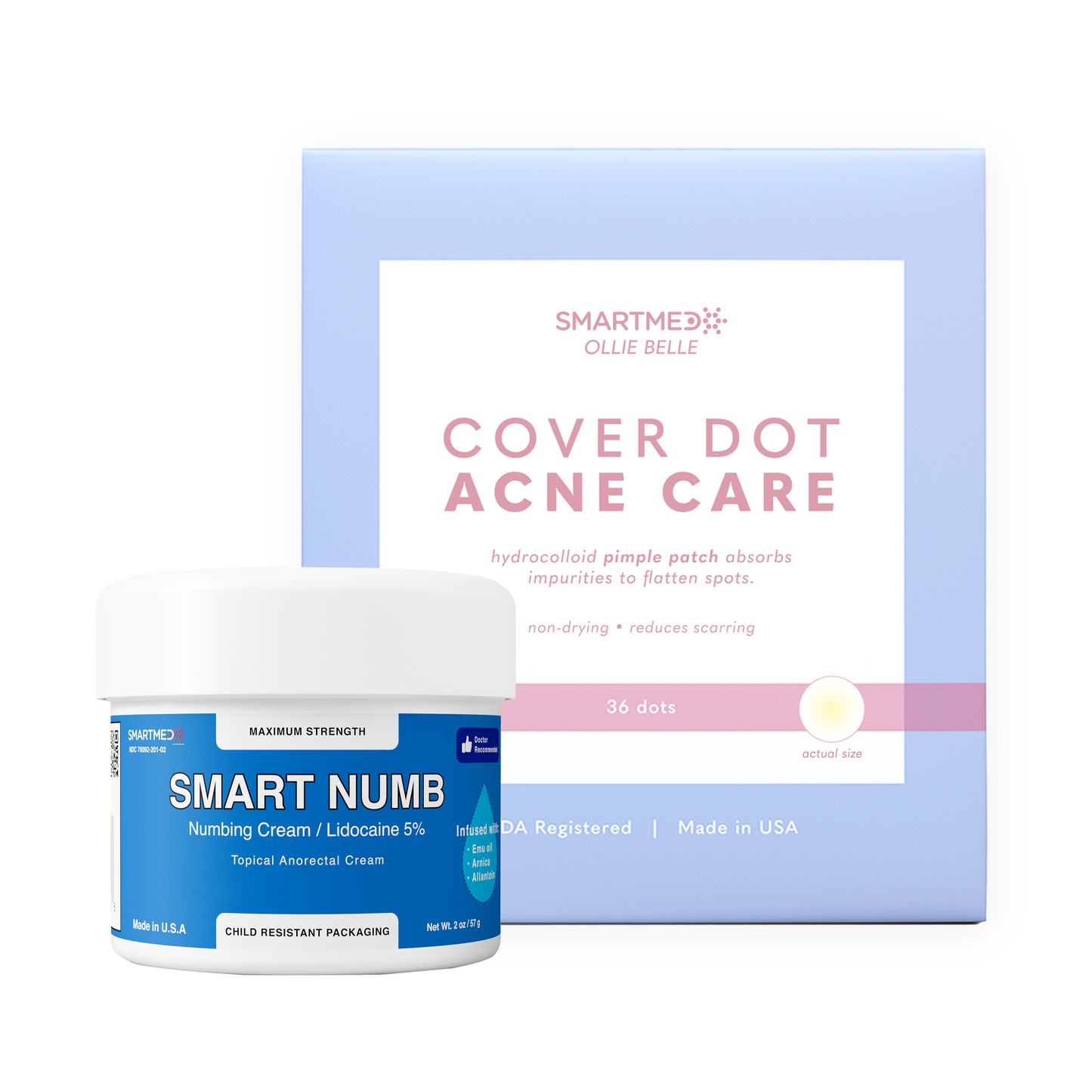SmartMed Skincare Duo: SmartNumb 5% Lidocaine Cream + Cover Dot Acne Care