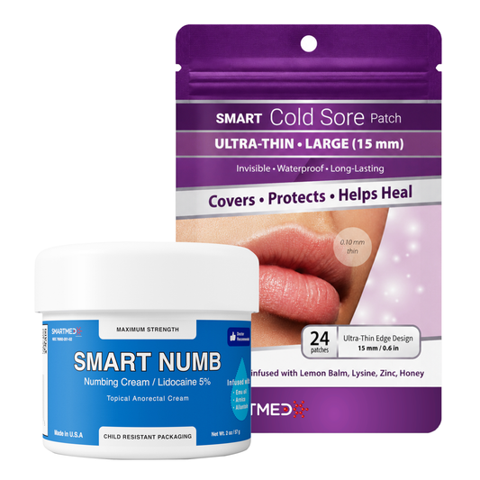 2-Step Cold Sore Care System | SmartNumb Lidocaine Cream + Hydrocolloid Patch Duo | Soothe Discomfort, Protect & Discreetly Cover Lip Blisters