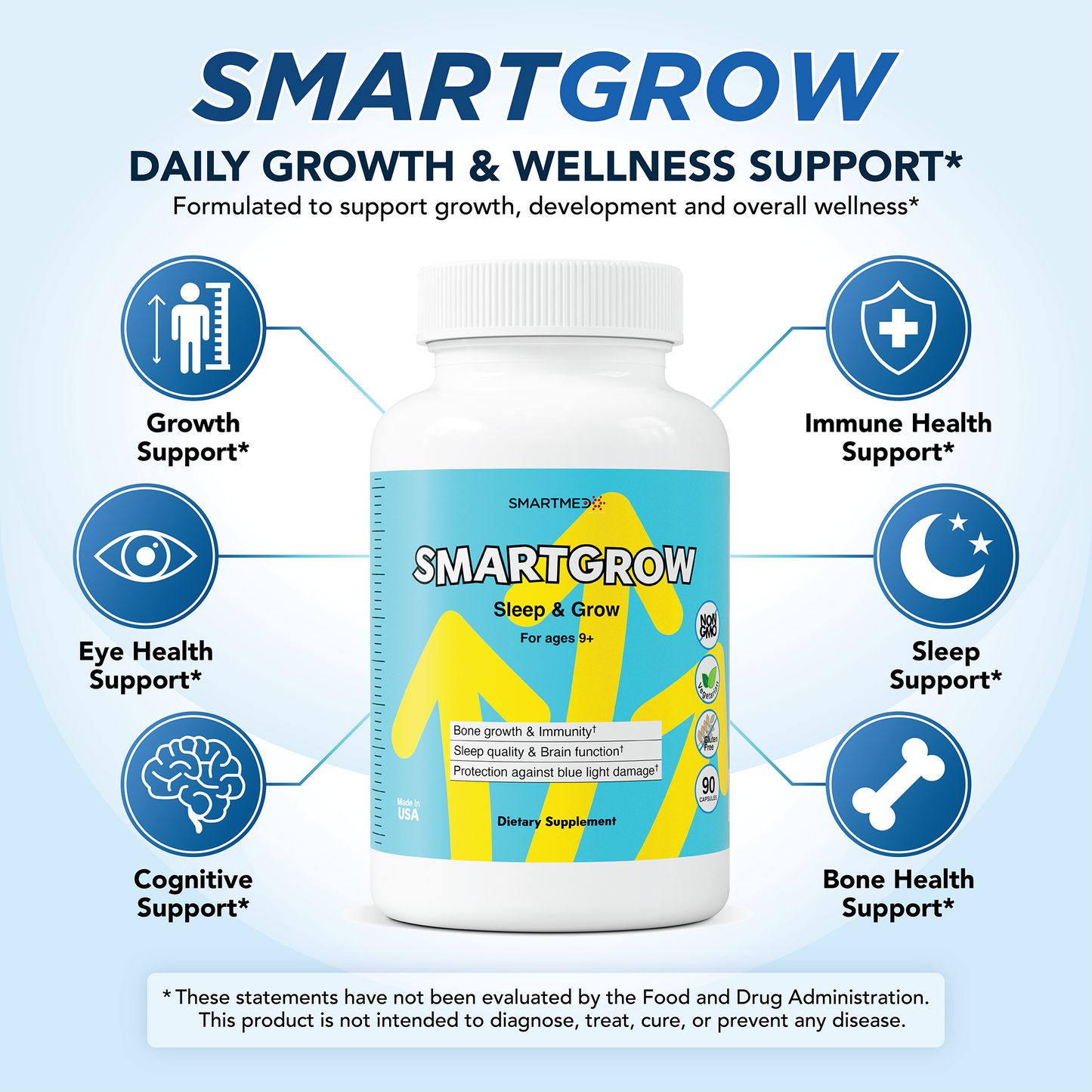 SmartGrow Growth Support Capsules | Supports Healthy Growth, Bone Strength & Sleep Supplement for Teens