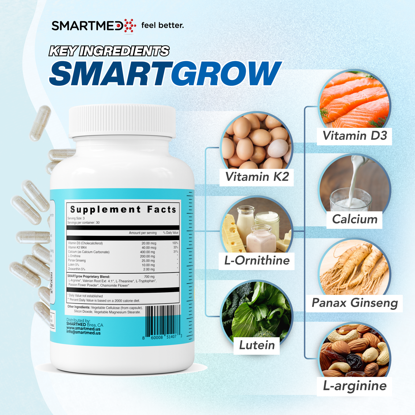 SmartGrow Growth Support Capsules | Supports Healthy Growth, Bone Strength & Sleep Supplement for Teens